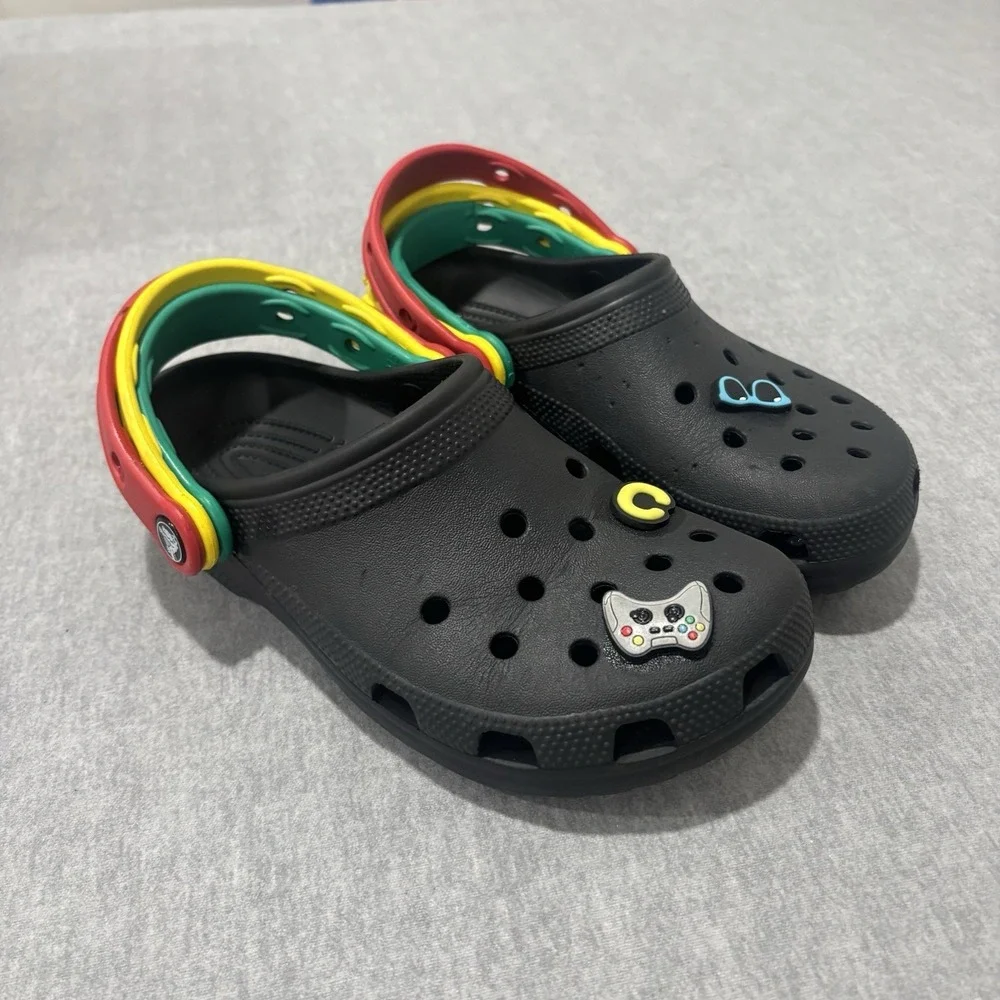 Crocs Classic Clog Black Triple Strap Red Yellow Green Jibbitz Mens 4 Womens 6